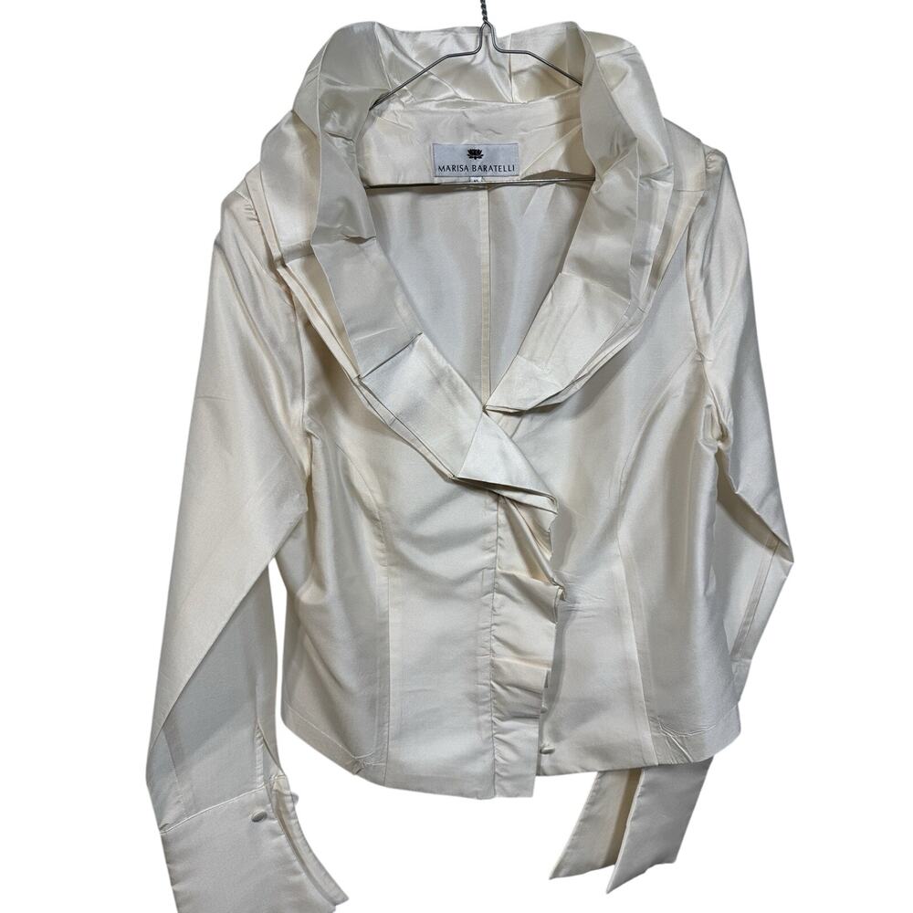 Marisa Baratelli Silk Blouse Size 10 Ivory Button Up Ruffle Evening Romantic Top